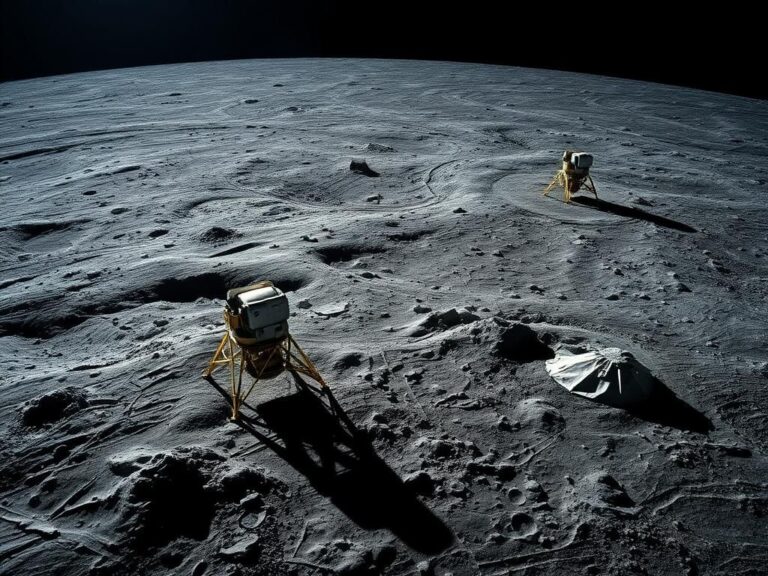 Flick International Aerial view of Apollo 11 and Apollo 12 lunar modules on the moon's surface