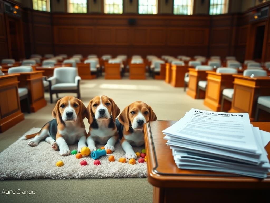 Flick International Playful beagle puppies lying on a plush rug in a committee hearing room