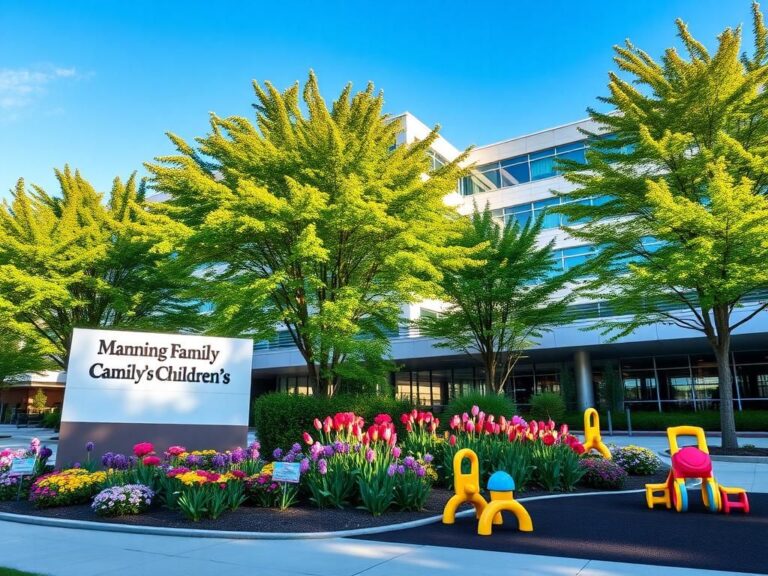 Flick International Exterior view of Manning Family Children’s Hospital surrounded by blooming flowers and trees