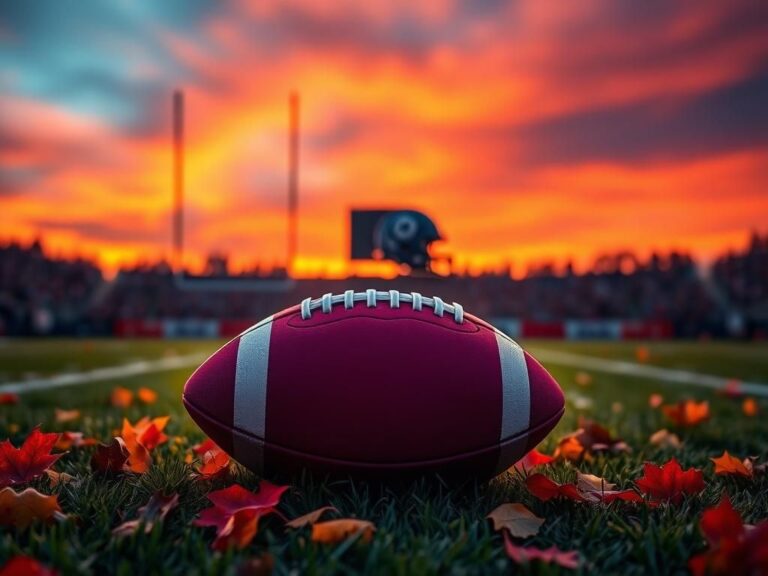 Flick International Sunset football field with a stylized football and autumn leaves