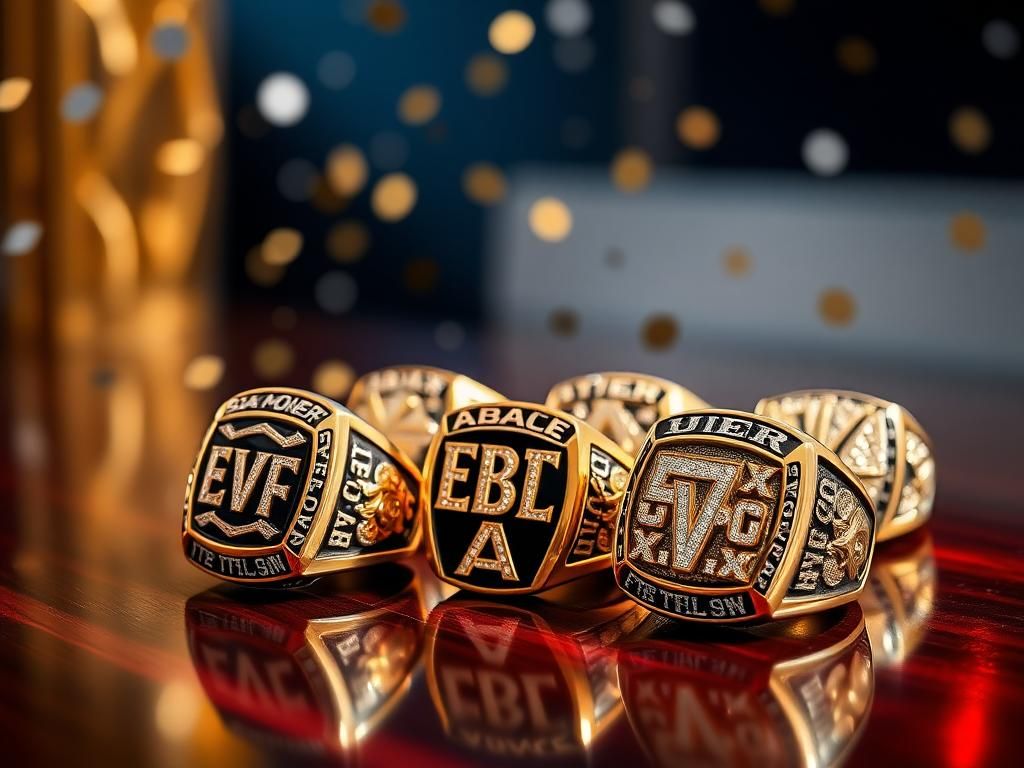 Flick International Close-up of several sparkling Super Bowl rings on a polished wooden surface