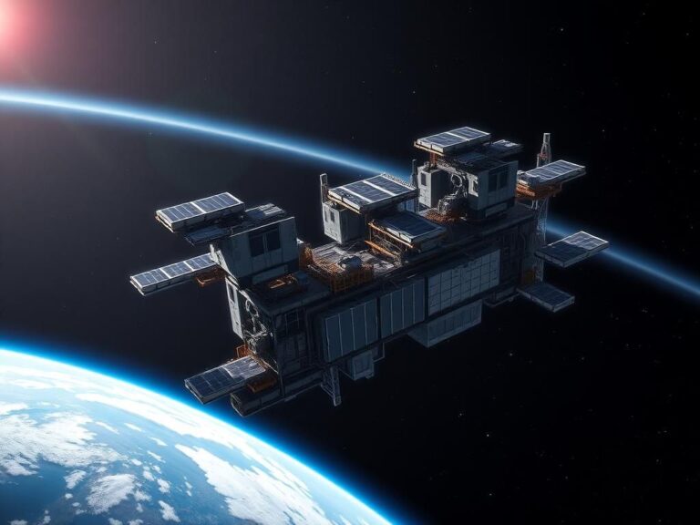 Flick International Futuristic depiction of a partially constructed commercial space station in low Earth orbit