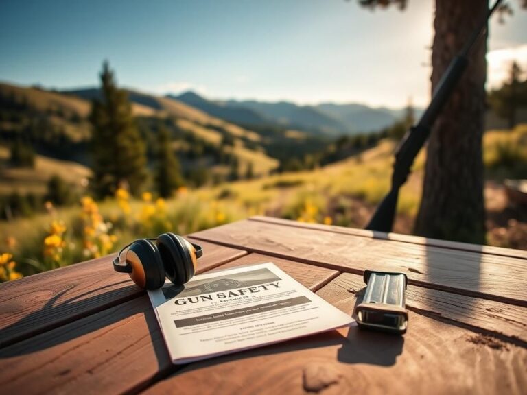 Flick International Neatly arranged gun safety instruction kit on a picnic table in a Colorado outdoor setting