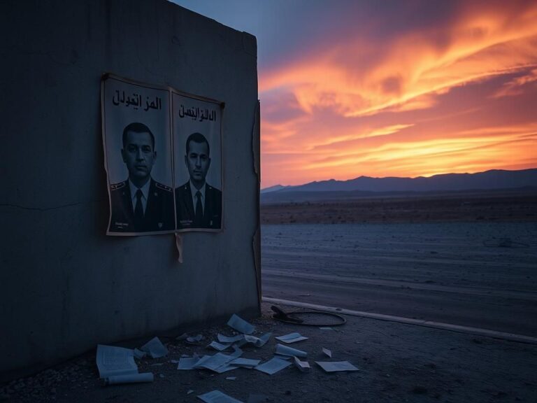 Flick International Weathered poster on a wall depicting two Iranian intelligence officers in a deserted Iranian landscape at dusk