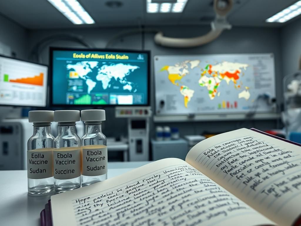 Flick International Laboratory setting showcasing sterile vials labeled 'Ebola Vaccine - Sudan Strain' with clinical equipment