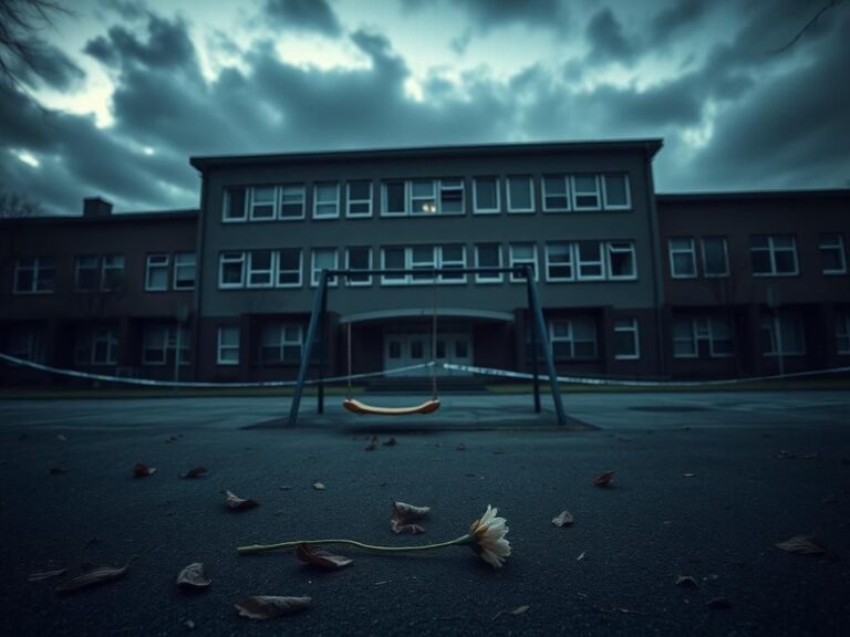 Flick International Empty school courtyard at dusk with an abandoned swing set and police tape