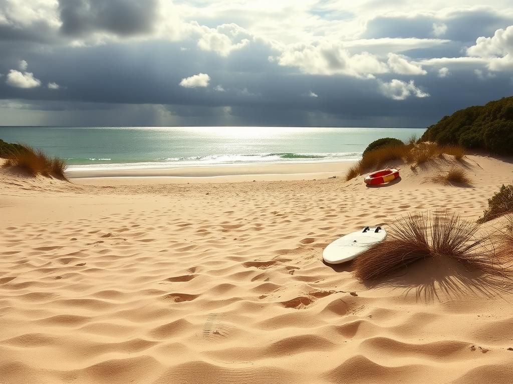 Flick International Serene beach landscape at Woorim Beach, Bribie Island, displaying pale golden sand and gentle waves