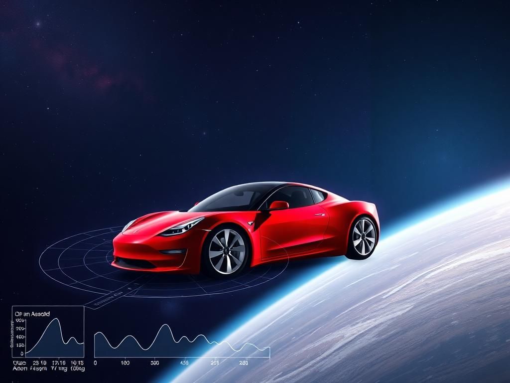 Flick International Tesla Roadster floating in space amid stars and nebulae