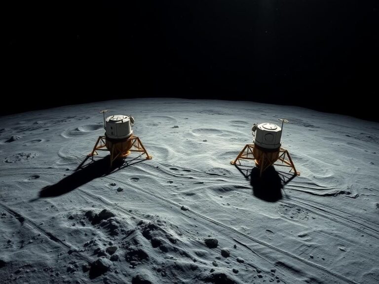 Flick International Aerial view of Apollo 11 and Apollo 12 lunar landing modules on the moon's surface