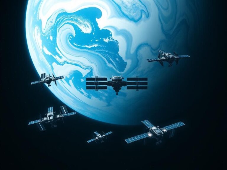 Flick International Futuristic space scene with Earth and innovative space station designs in orbit