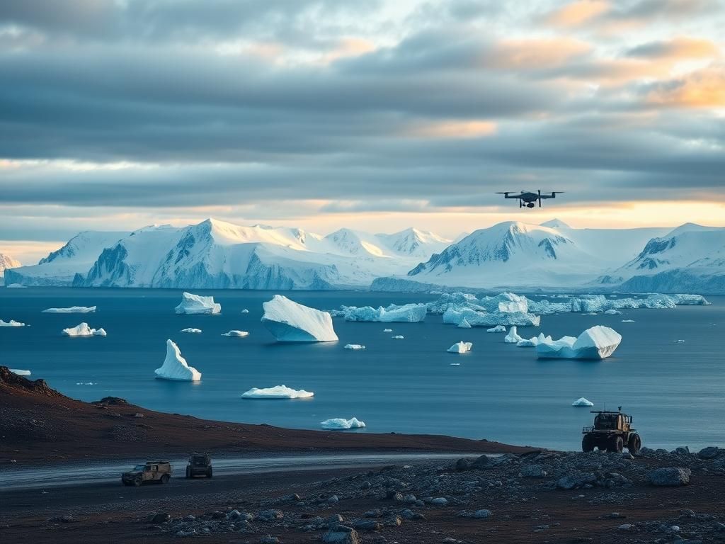 Flick International Panoramic view of Greenland's rugged landscape with icebergs and snow-capped mountains