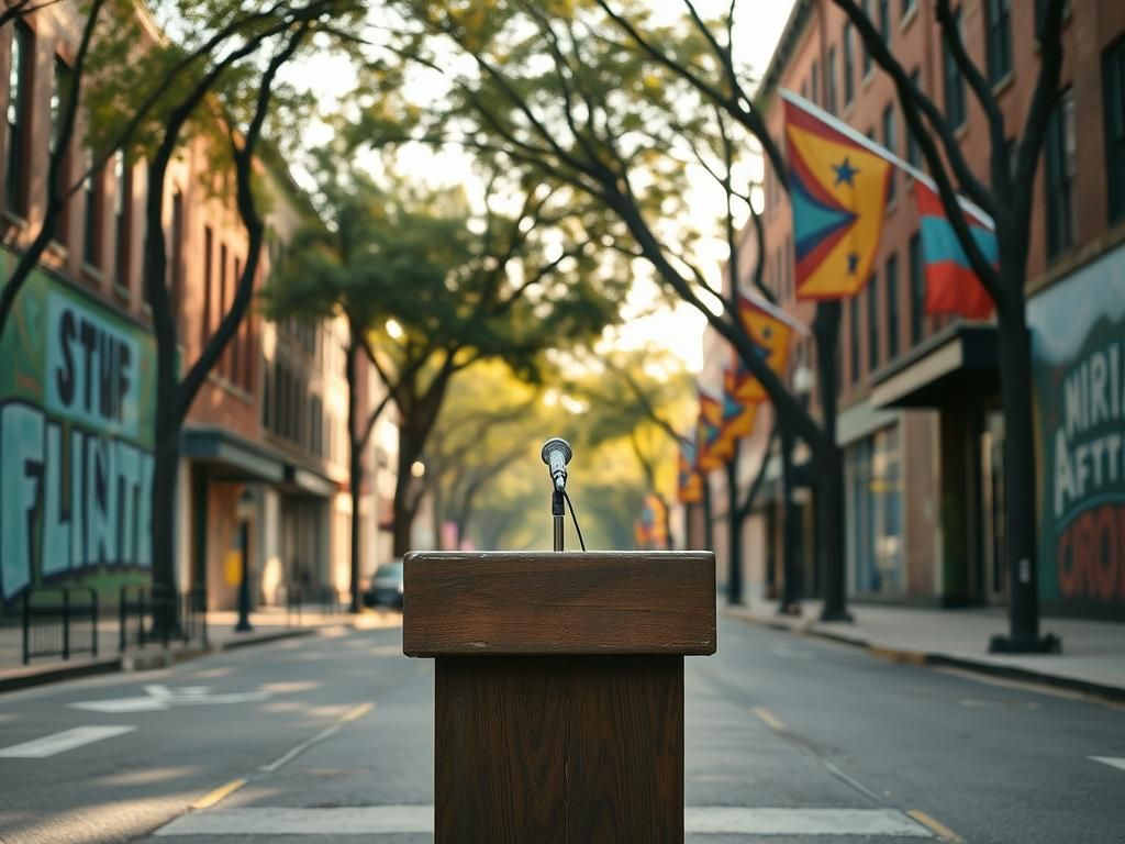 Flick International Empty street in Flint, Michigan, showcasing vibrant murals and a podium