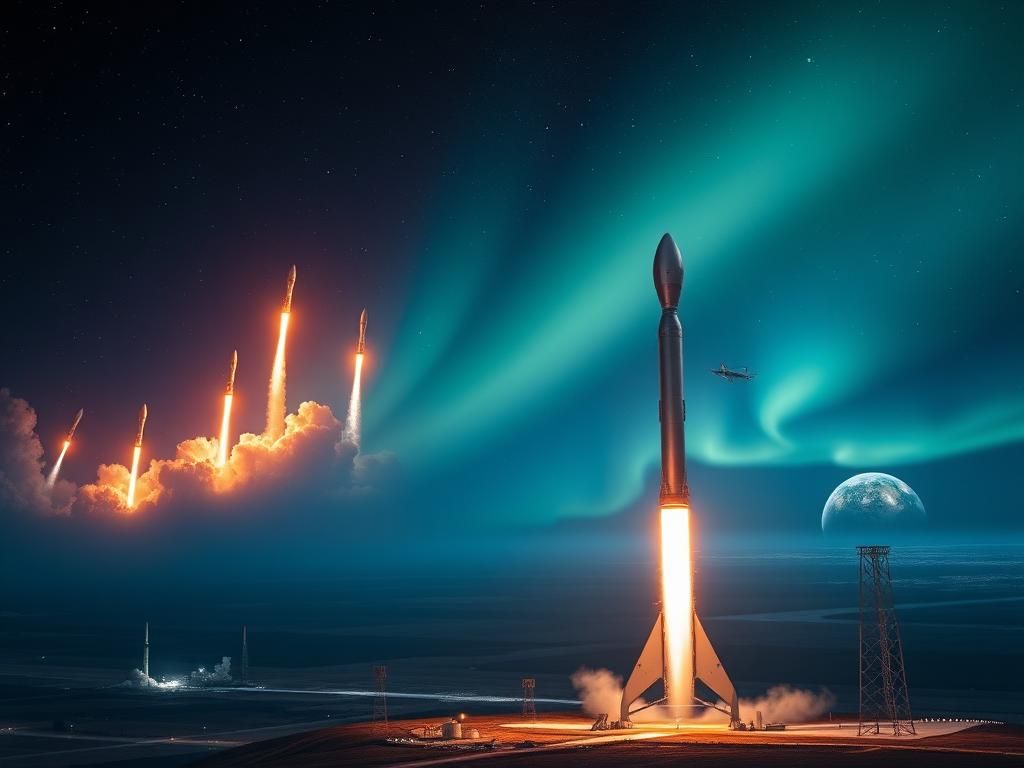 Flick International A stunning night scene of multiple rocket launches illuminating the sky