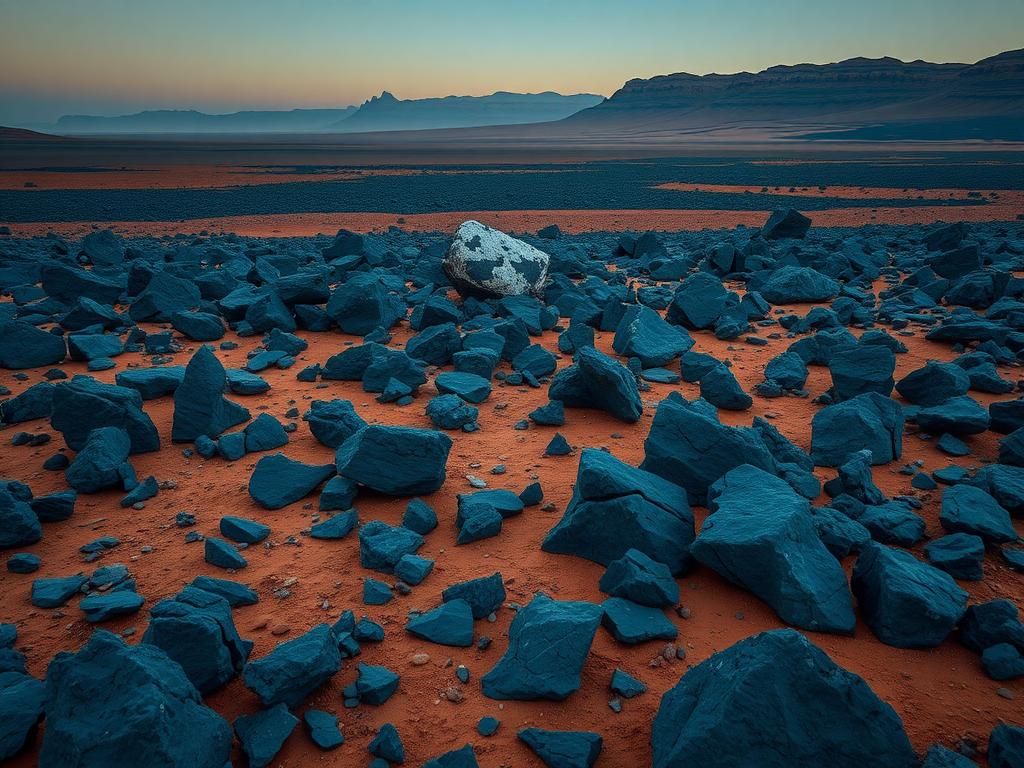 Flick International A clear view of Mars showcasing a landscape with blue volcanic basalt rocks and an ancient lakebed.