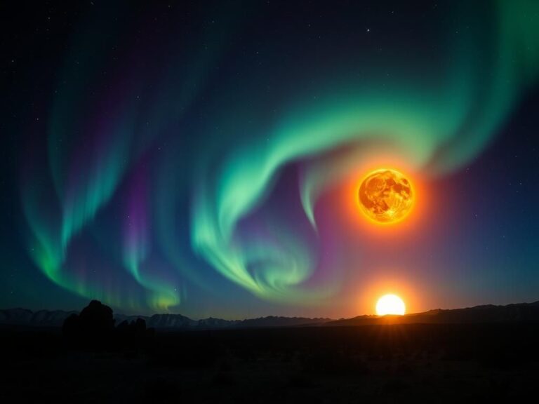 Flick International A stunning display of auroras in vibrant colors over a dark, rocky landscape