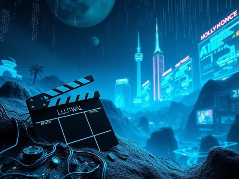 Flick International A surreal landscape blending Hollywood and artificial intelligence, showcasing a vintage movie clapperboard amidst circuitry.