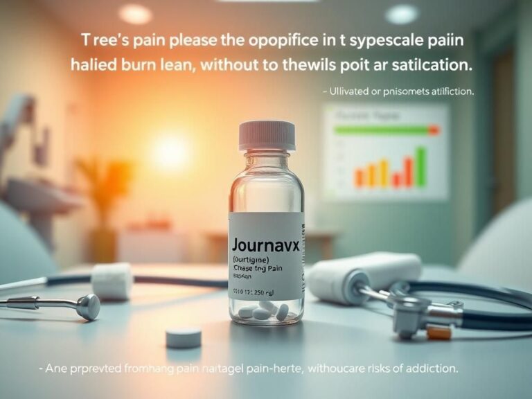 Flick International Close-up of the newly approved opioid-free medication Journavx on a light-colored table surrounded by medical tools