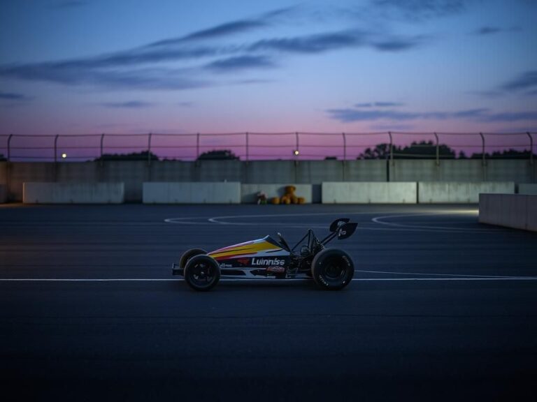 Flick International A deserted drag racing track at dusk with a colorful Junior Dragster racecar parked alone