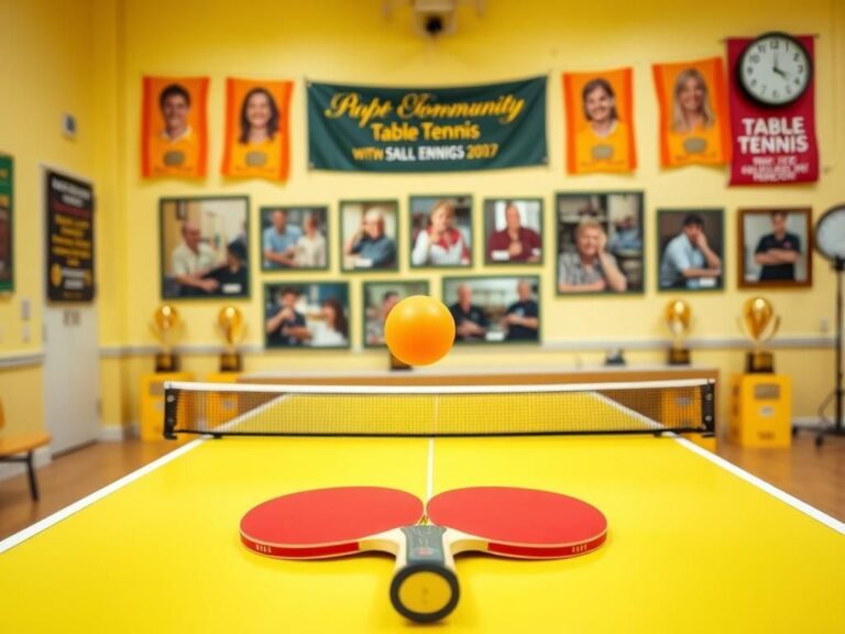 Flick International A vibrant ping-pong table in a community center with a bright orange ball hovering above it