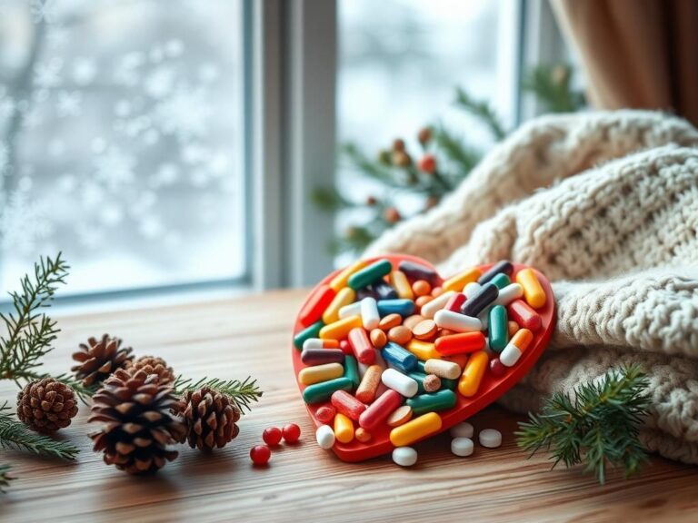 Flick International Close-up of a heart-shaped arrangement of colorful pills and vitamins on a wooden table with winter elements