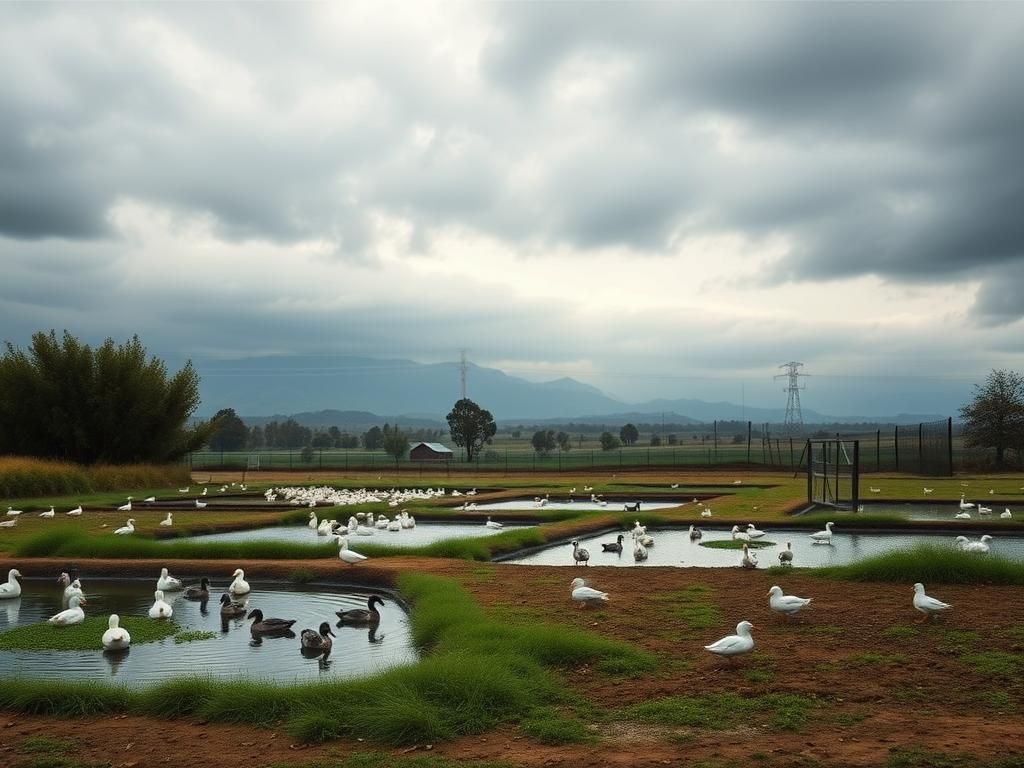 Flick International A serene duck farm in California with ponds and greenery, hinting at a bird flu threat.