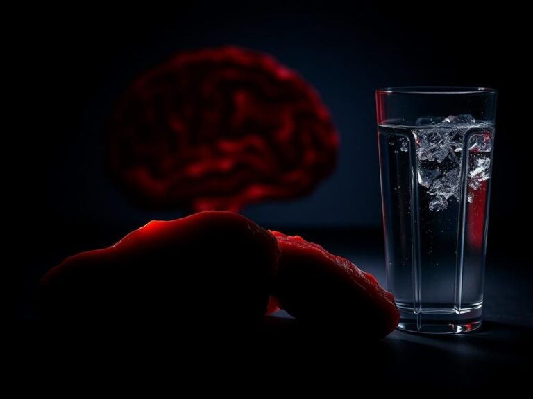 Flick International Abstract representation of health risks associated with red meat, featuring dark cuts of meat and a blurred silhouette of a brain.