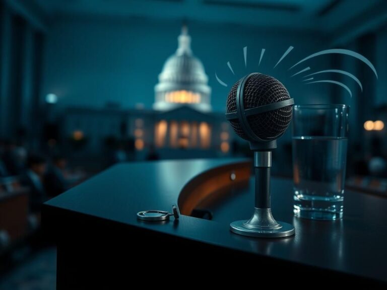 Flick International Close-up of a microphone on a polished wooden podium with the U.S. Capitol in the background