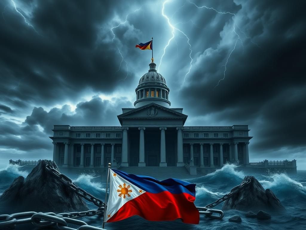 Flick International Dramatic scene depicting the Philippine Senate building amid a stormy sky, symbolizing political turmoil.