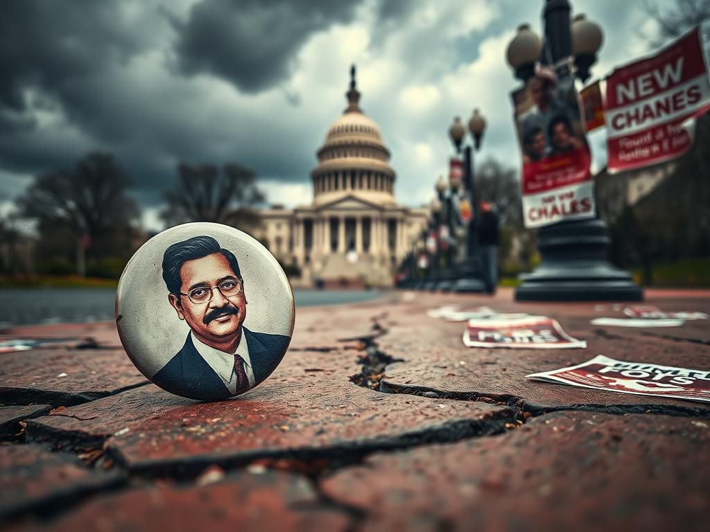 Flick International Close-up of a campaign button featuring Subhas Chandra Bose amidst a dramatic Washington, D.C. street scene