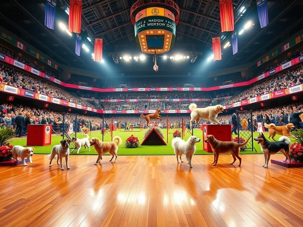 Flick International Vibrant dog show scene at Madison Square Garden showcasing various dog breeds and agility activities