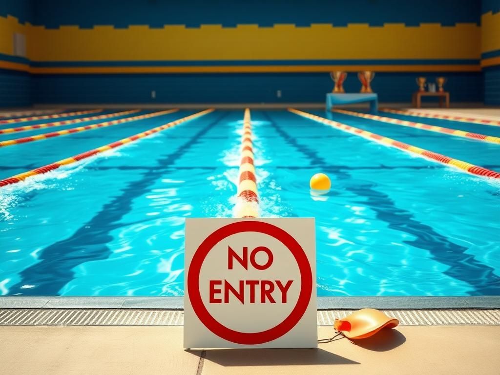 Flick International Swimming pool with empty lanes and ‘No Entry’ sign symbolizing transgender sports ban