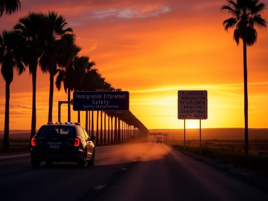 Flick International Florida Highway Patrol vehicle parked on the roadside during sunset with palm trees in the background