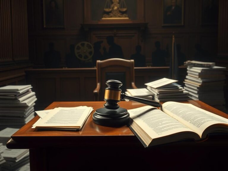 Flick International Wooden courtroom bench with gavel and legal documents symbolizing a high-profile trial