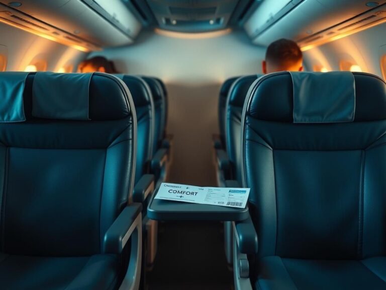 Flick International Divided airplane cabin featuring Comfort + and Standard seats with a boarding pass on an armrest