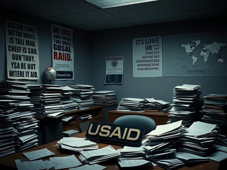 Flick International Dimly lit office environment representing chaos within USAID, with overturned nameplate and torn posters