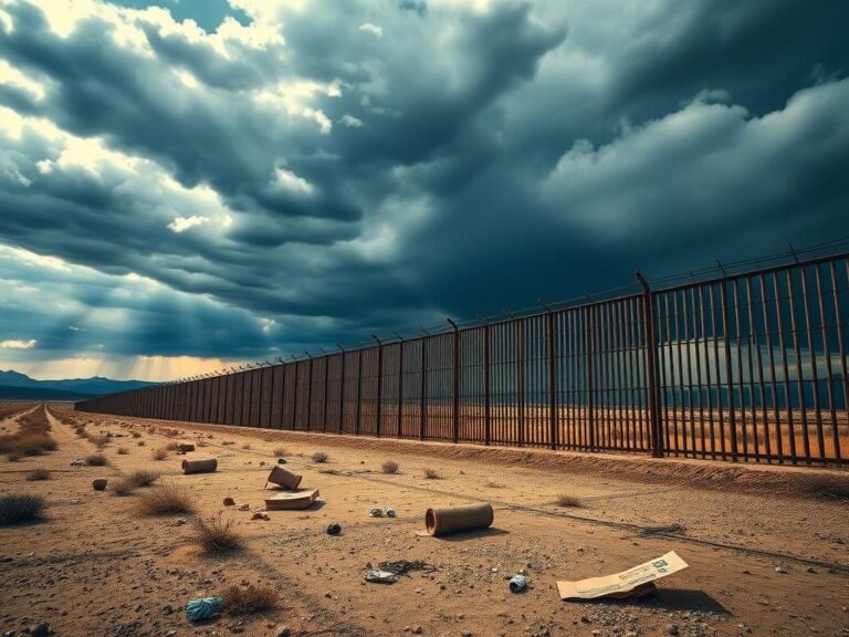 Flick International Rugged border wall stretching across a desolate landscape with barbed wire