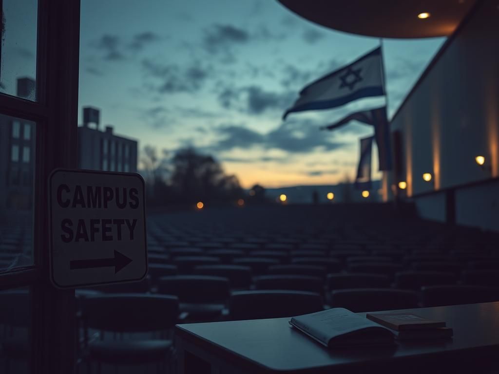 Flick International A somber university campus scene with an empty lecture hall at dusk