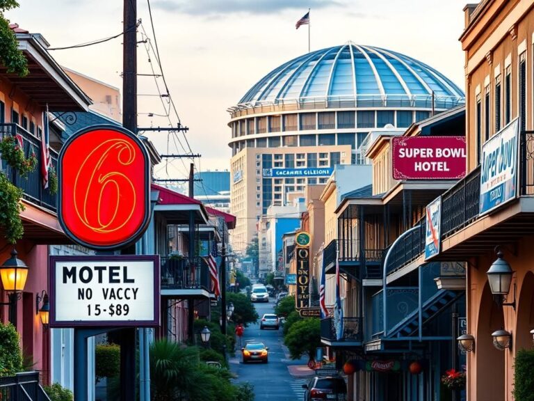 Flick International A panoramic view of New Orleans street with Motel 6 and vibrant Super Bowl decorations