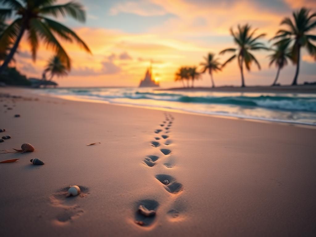 Flick International Serene beach scene at sunset with footprints leading towards the shoreline