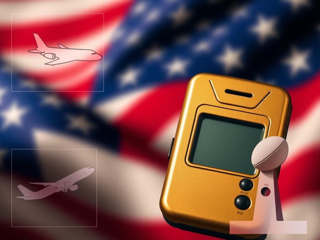 Flick International Collage featuring a blurred American flag background with a vintage pager and airplane outline