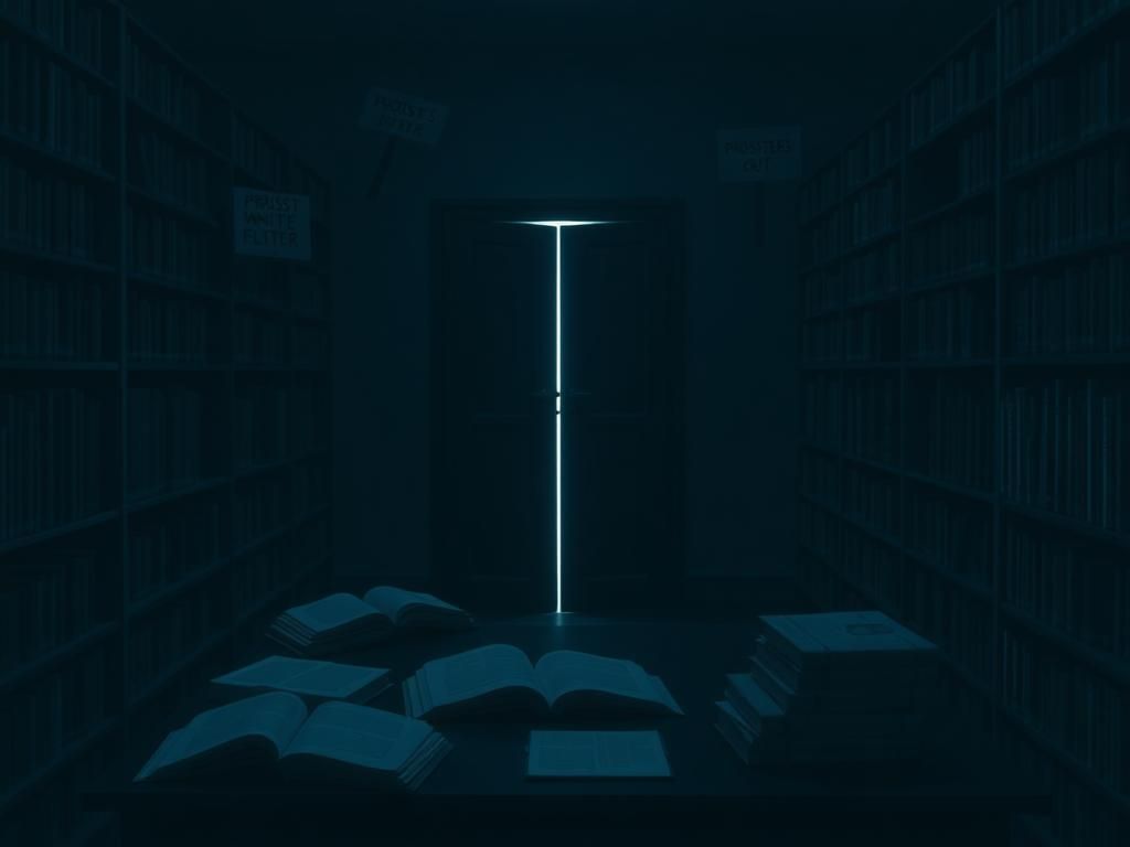 Flick International Dimly lit library interior symbolizing isolation and fear for Jewish students