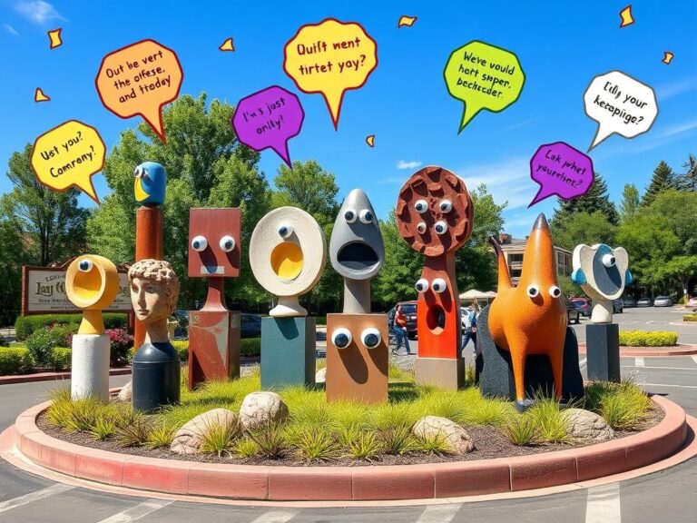 Flick International Vibrant roundabout in Bend, Oregon, featuring sculptures decorated with googly eyes