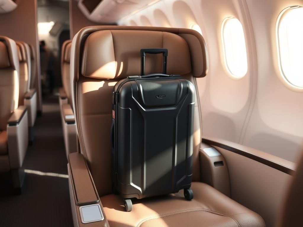 Flick International Black hard shell suitcase strapped into a first-class airline seat