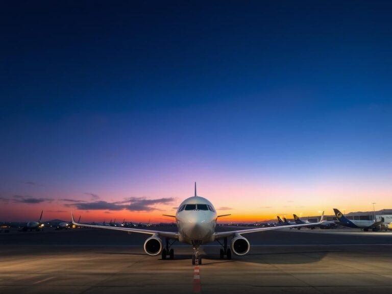 Flick International Serene evening sky over an airport with an empty airplane at the gate