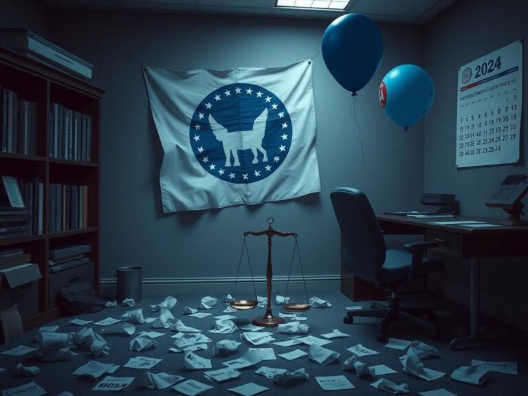 Flick International Dimly lit political office with a worn-out Democratic Party logo symbolizing decline