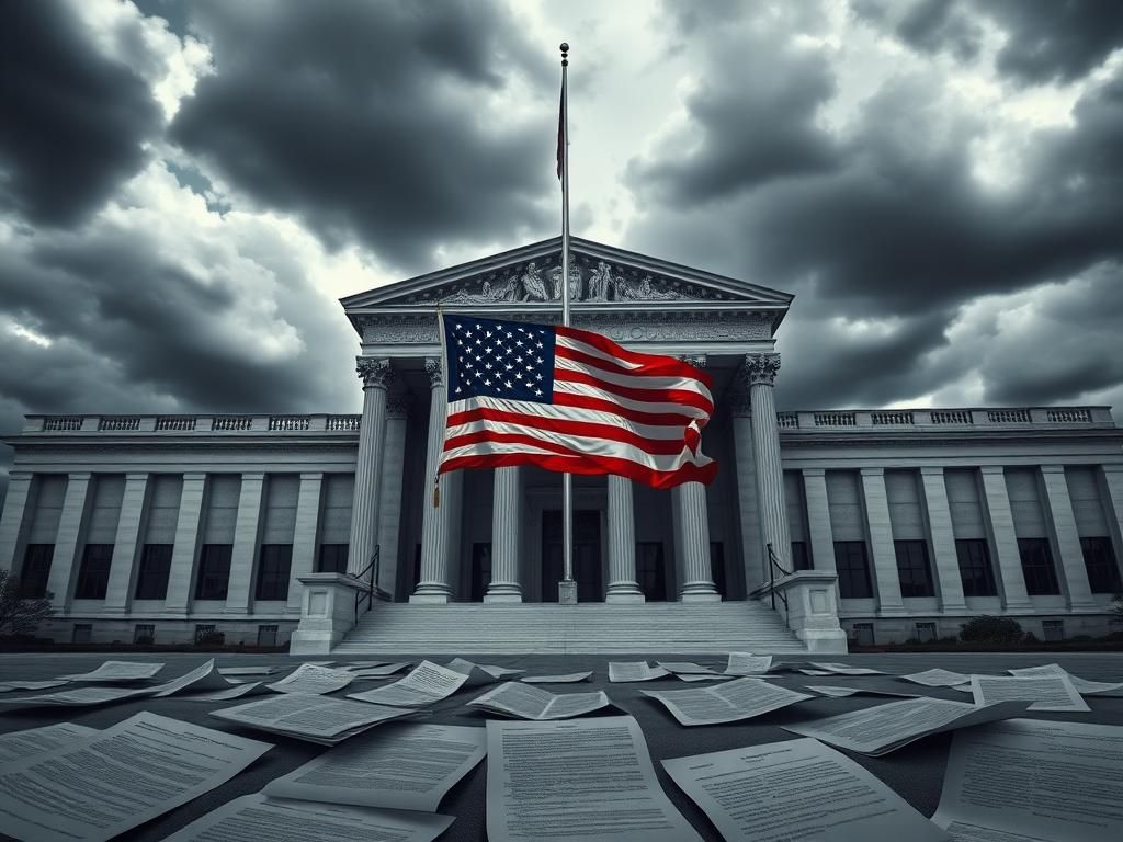 Flick International Federal courthouse entrance with American flag at half-mast symbolizing policy change