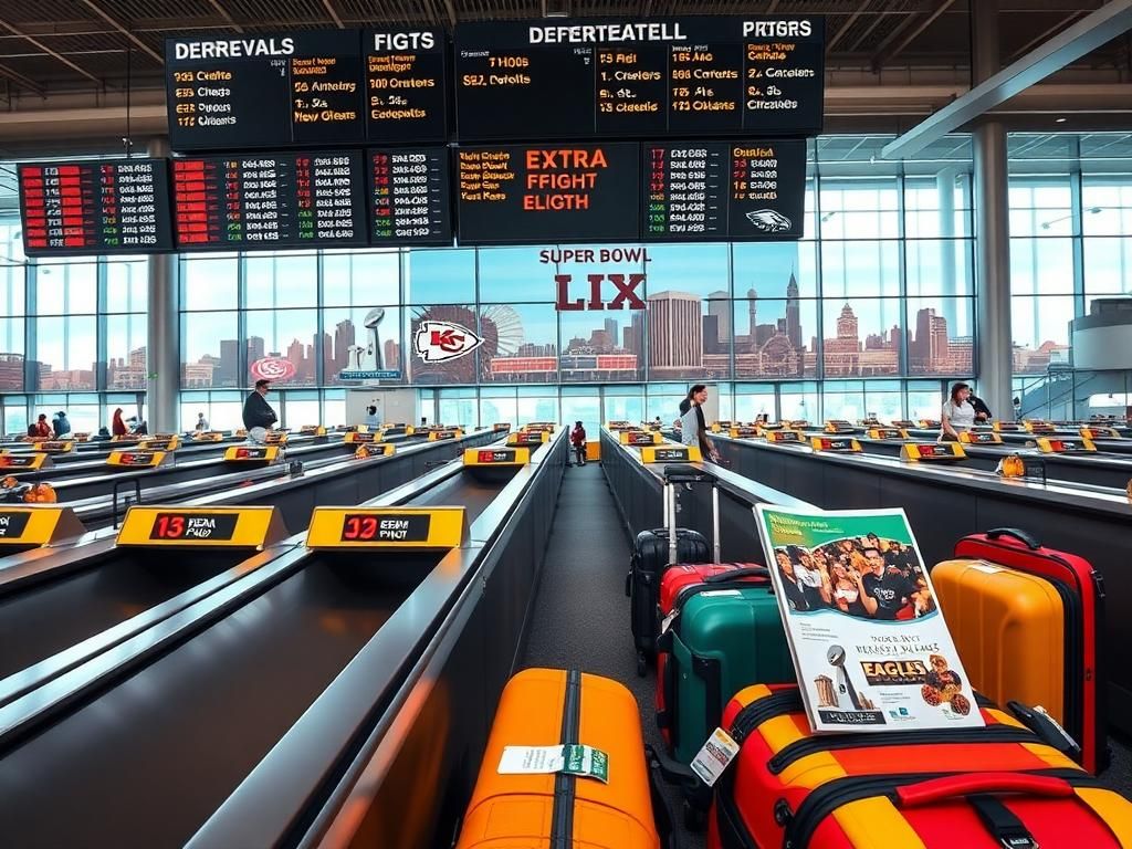 Flick International Wide-angle view of a busy airport terminal with flight board and Super Bowl decorations