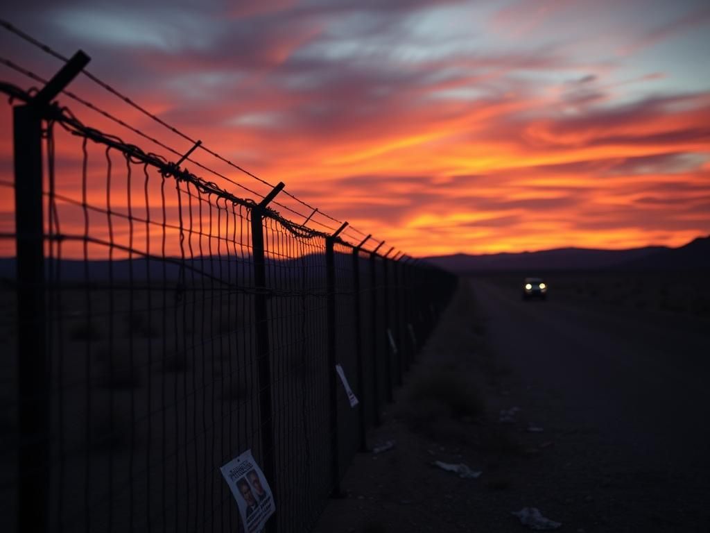 Flick International A dramatic sunset scene at the U.S.-Mexico border fence, highlighting immigration themes