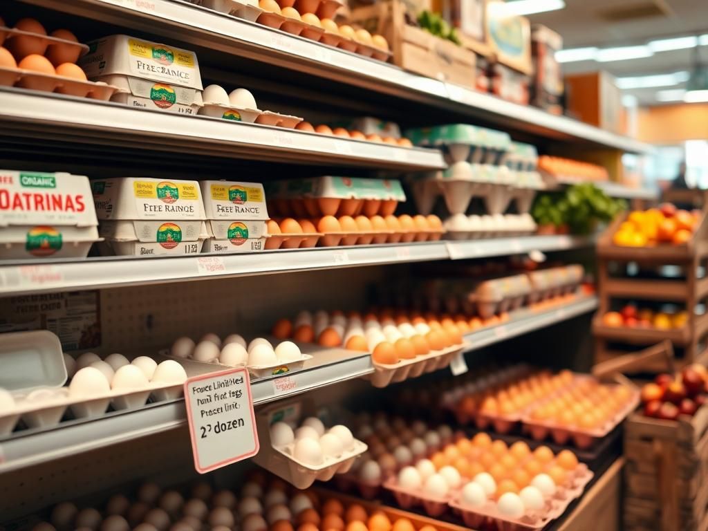 Flick International Grocery store shelf displaying egg cartons with visible empty spaces indicating shortages