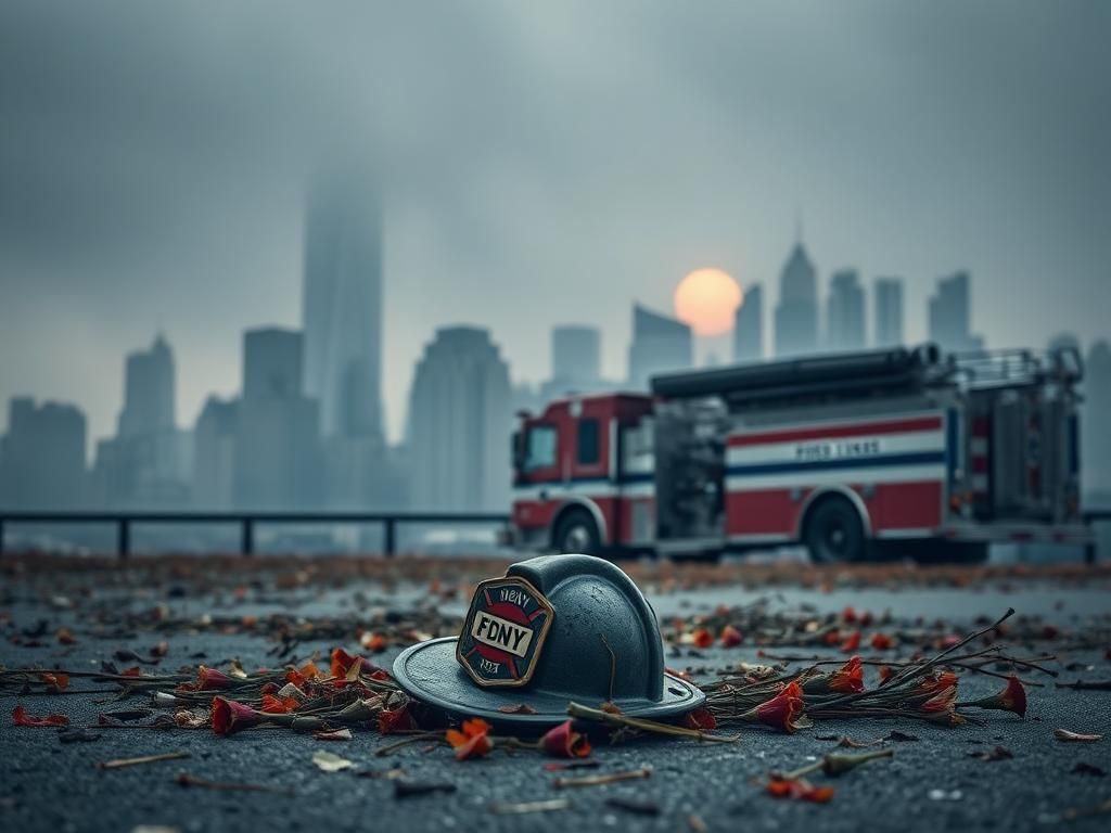 Flick International Weathered fire helmet and FDNY insignia on the ground surrounded by wilted flowers in New York City